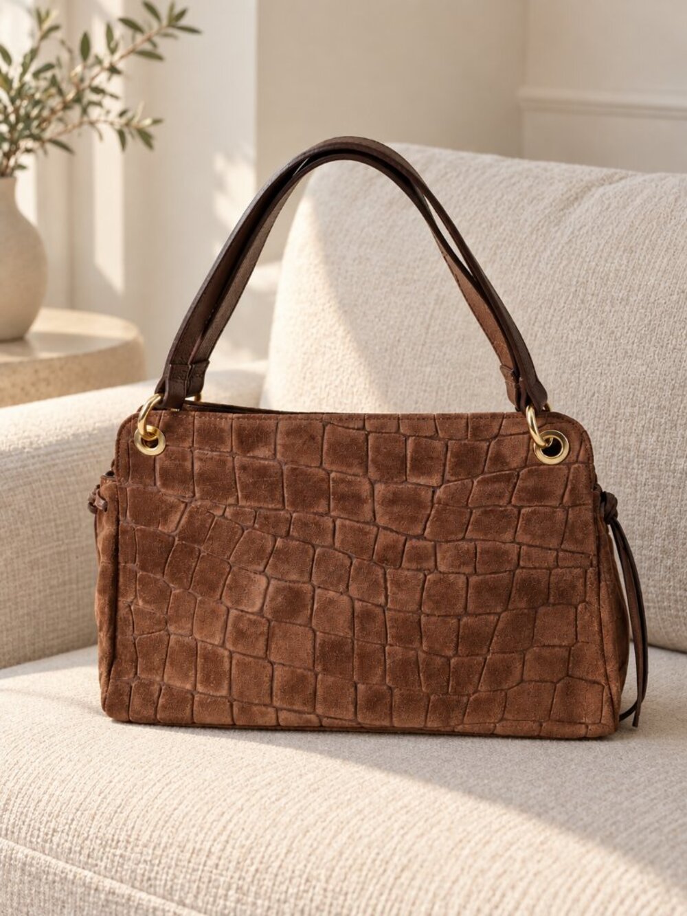 Cognac Suede Handbag, Made in Italy Leather Purse, Croc Embossed Shoulder Bag